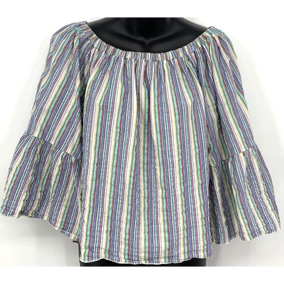 See by Chloe Top Blouse Women Size 36 4 Stripe Pink Blue Off Shoulder Ruffle B60 - Picture 1 of 8